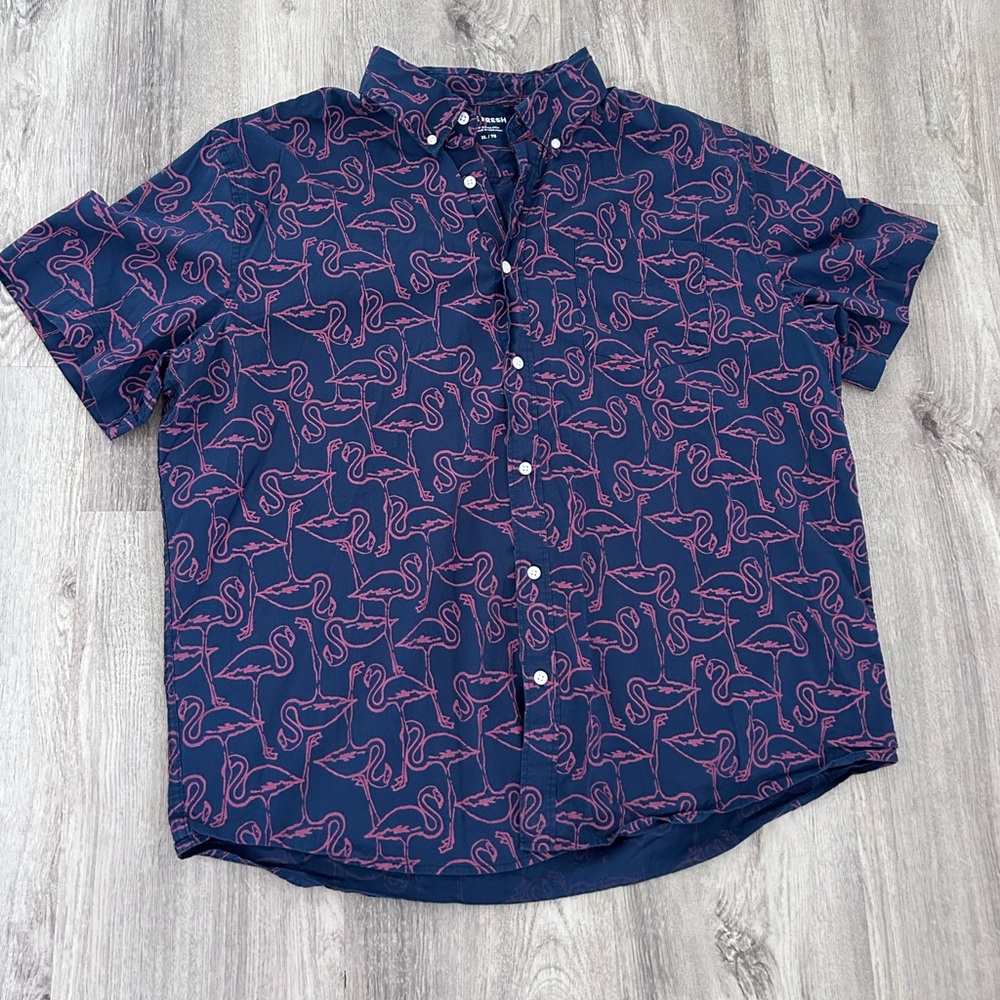Joe Fresh Shirt Men's XL Navy Blue Flamingo Pattern Button Up Short Sleeve